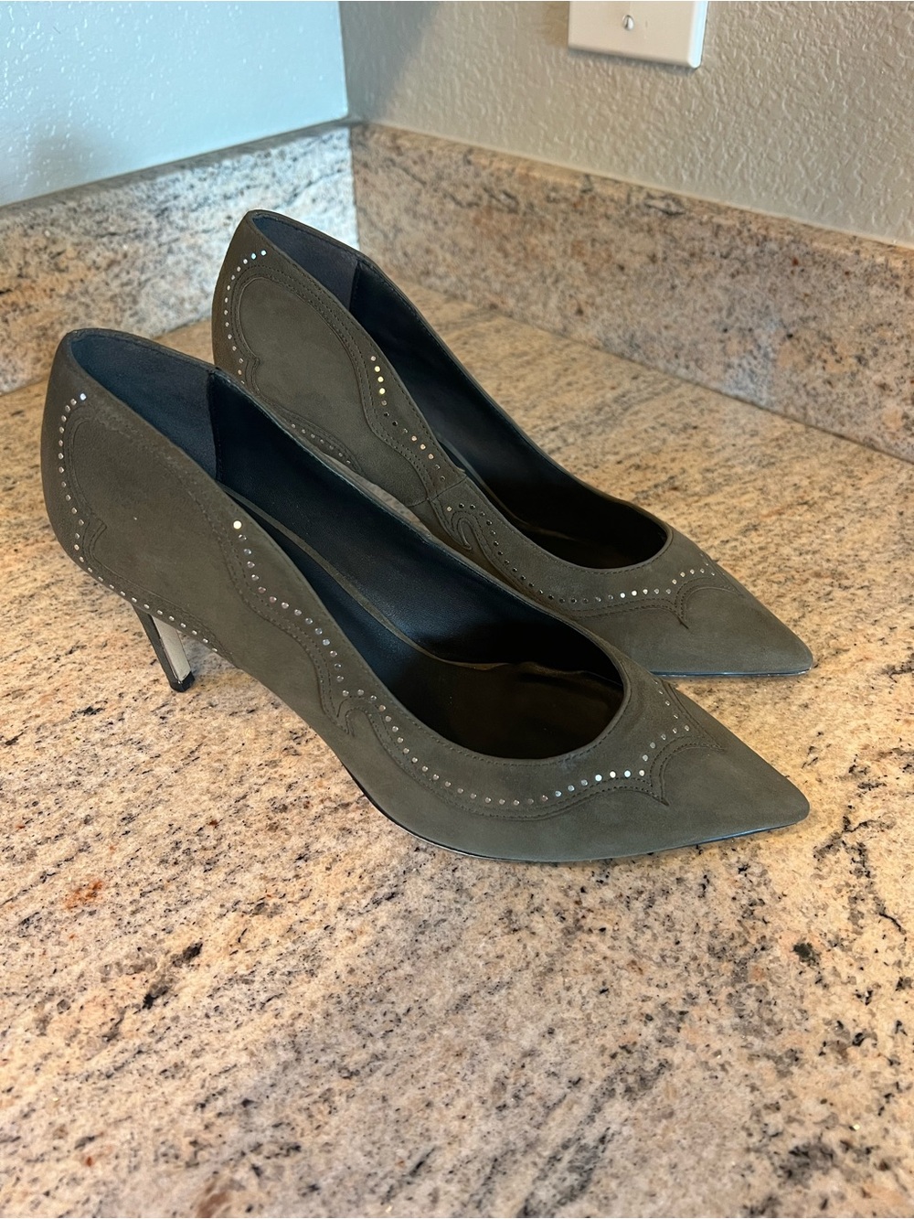 ALL SAINTS Olive Green Pointed Toe 100% Suede Heels